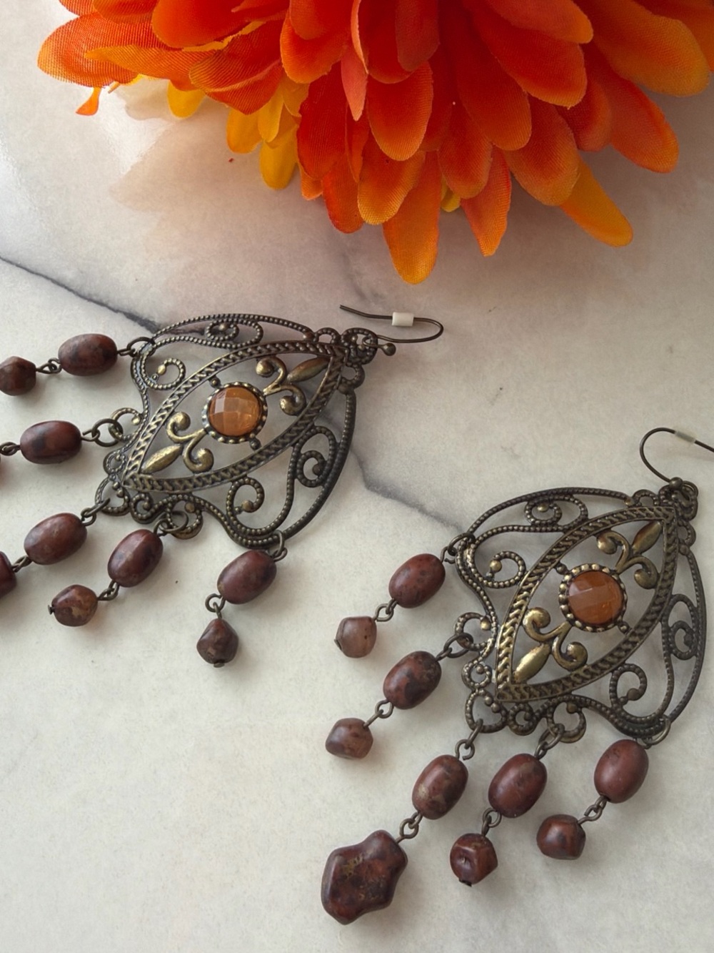 Forever 21 Antique Brass Filigree Drop Earrings with Brown Beads